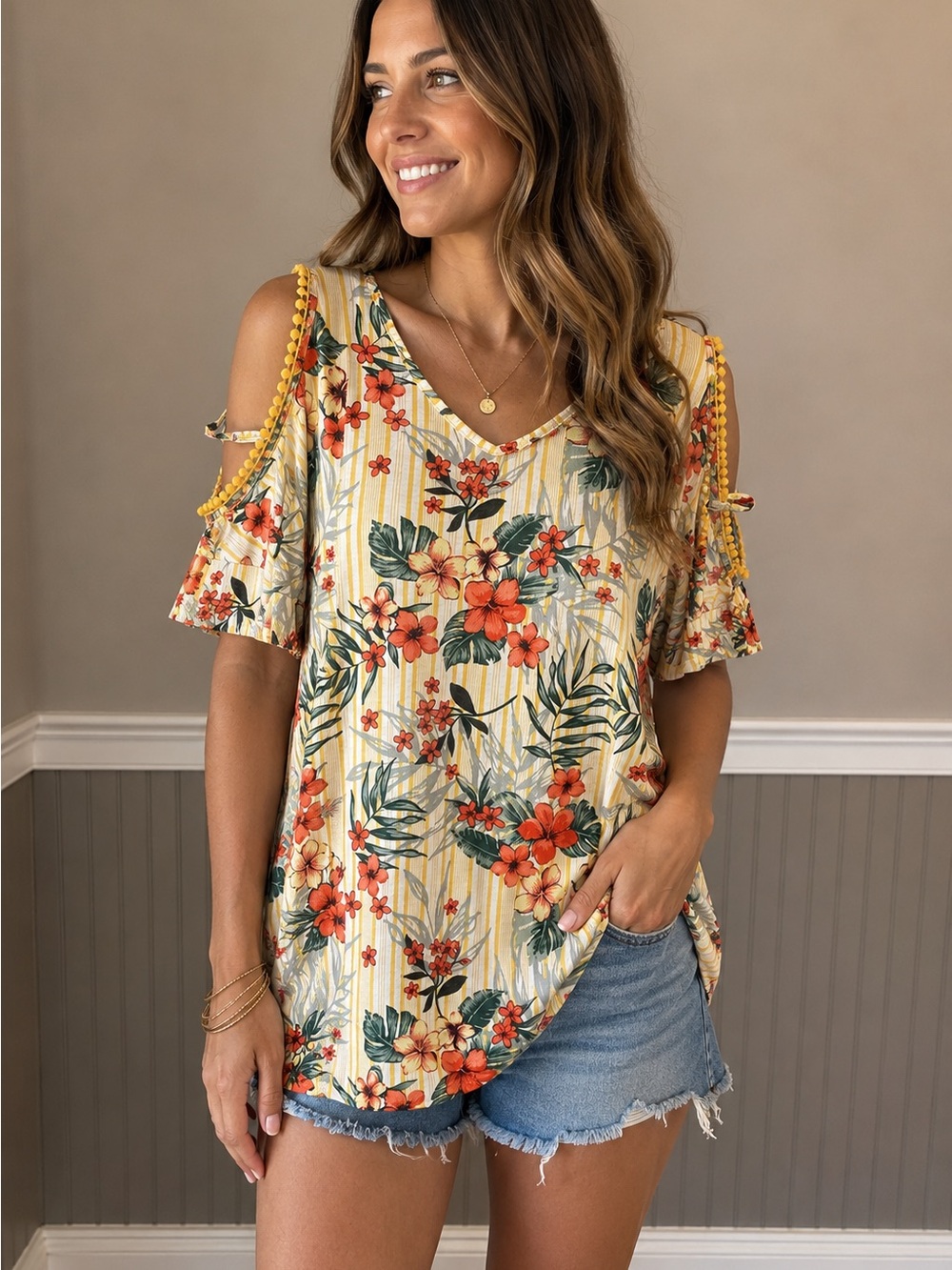 Absolutely Famous Tropical Cold Shoulder Top Floral Stripe Blouse Large
